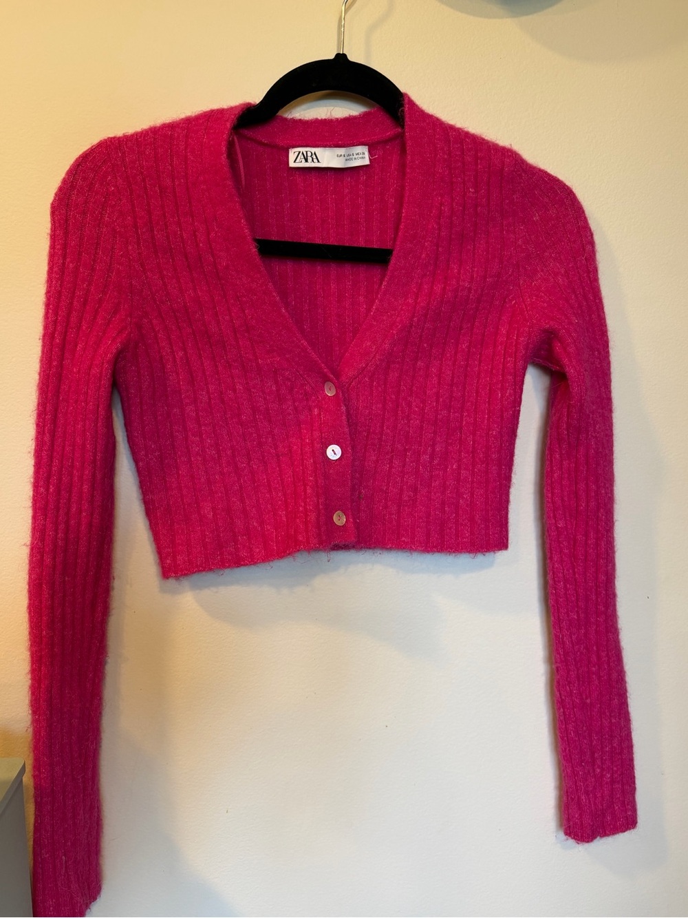 Zara Hot Pink Cropped Ribbed Button-Front Cardigan